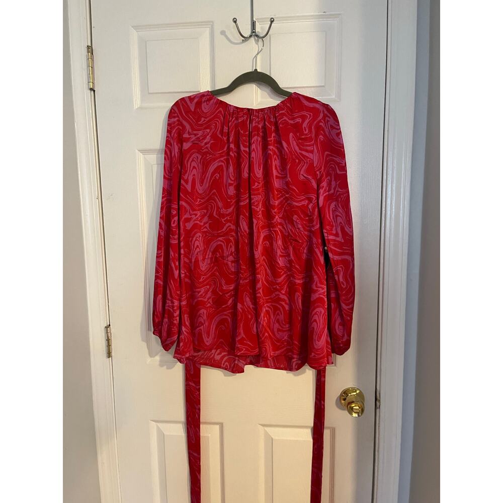 NWT | Women's Scoop Blouson Sleeve Belted Waist Blouse Red-Marble | Medium